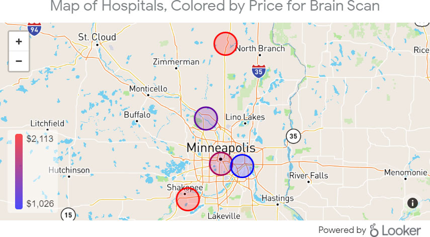 Map of Hospitals, Colored by Price for Brain Scan