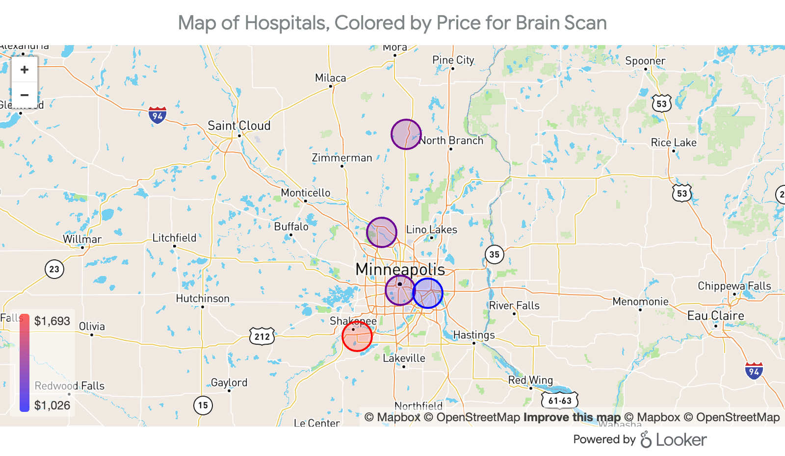 Map of Hospitals, Colored by Price for Brain Scan