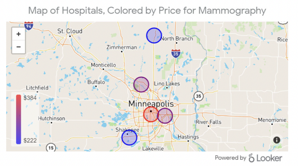 Map of Hospitals, Colored by Price for Mammography